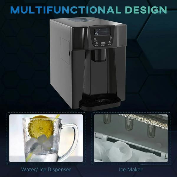 Black ice maker with water and ice dispenser spouts and ice maker chamber view