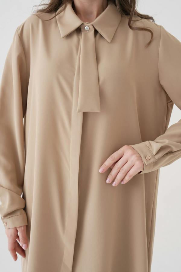 Hoxton Gal Oversized Long Sleeves Tie-Neck Tunic in Beige
