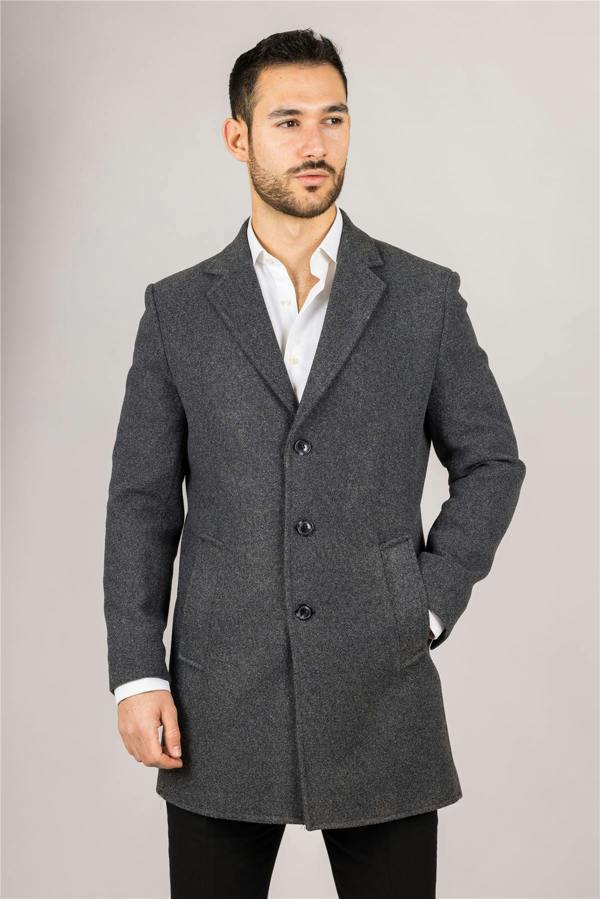 Infinity Leather Men's Notched Lapel Collar Wool Blend Grey Overcoat