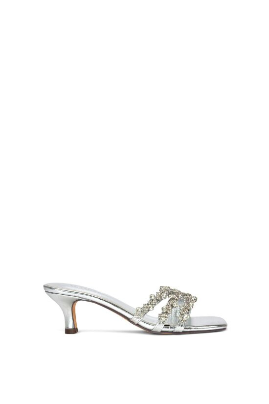 XY LONDON Mid Stiletto Heel Diamante Strappy Heeled Mules - Silver