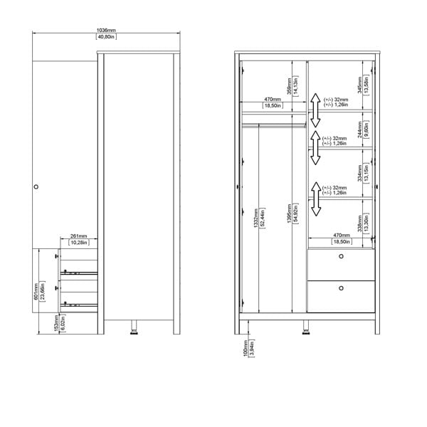 Furniture To Go Barcelona Wardrobe with 1 door + 1 mirror door + 2 drawers White