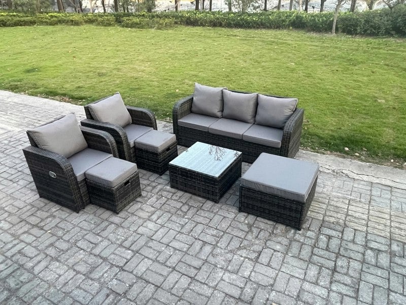 Fimous Garden Furniture Sets Wicker Rattan Furniture Patio Sofa Sets with Reclining Chair 3 Seater Sofa 3 Footstools Dark Grey Mixed