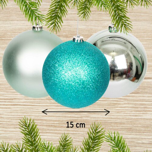 Shatchi 15cm 3 Pack Turquoise Shatterproof Christmas Baubles for Tree and Home Decor