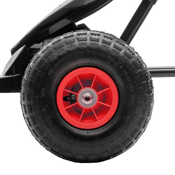 Inflatable go-kart tire with black tread and red wheel rim, close-up
