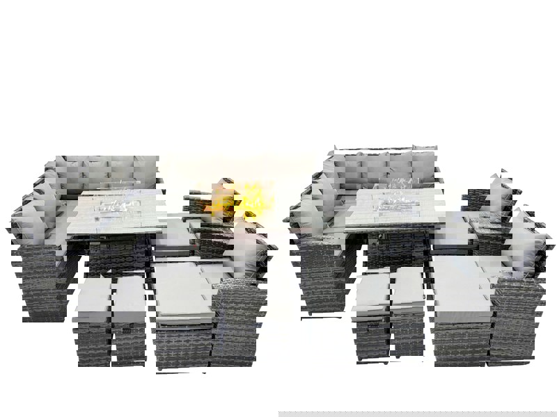 Fimous 12 Seat Poly Rattan Outdoor Patio Gas Firpit Dining Table Corner Sofa Set with 4 Stool 2 Chairs for Garden Backyard Dark Grey Mixed