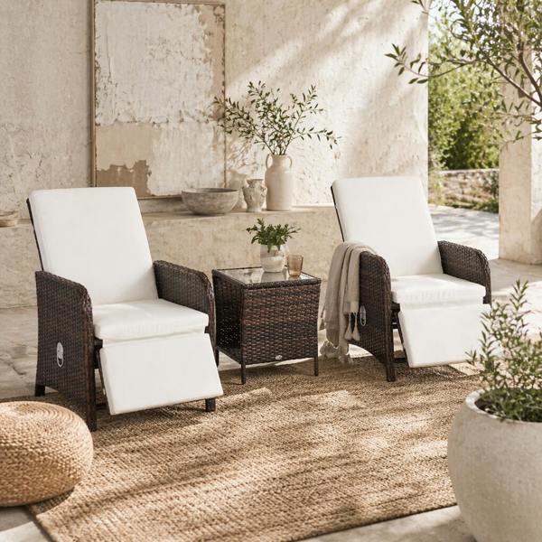 Wyld Haus Nomo Cream and White Rattan 3 Piece Garden Outdoor Bistro Set With Cushions And Storage Function