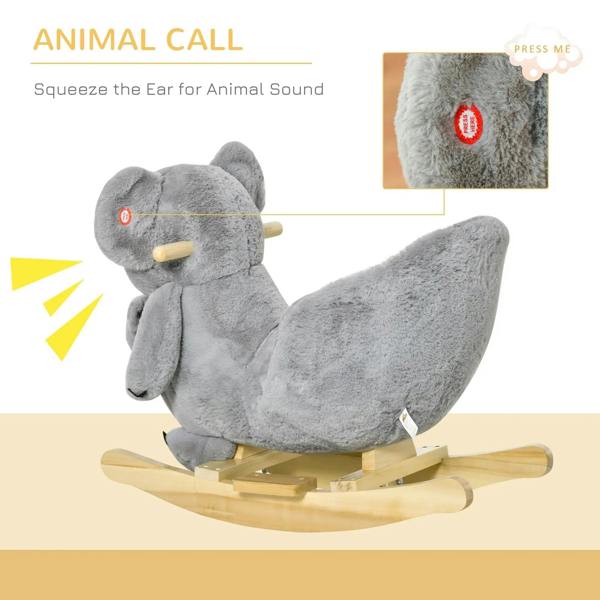 Gray koala plush rocking horse with ear handle and gloved doll on wooden rocker base