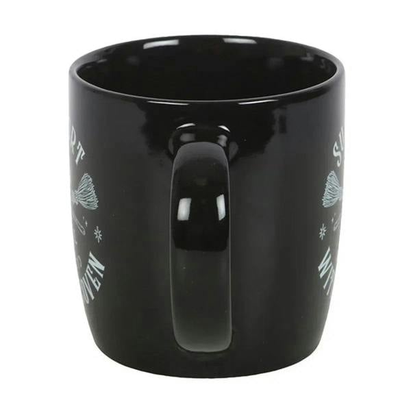 Black ceramic mug with interior view and 'Witch Coven' side text