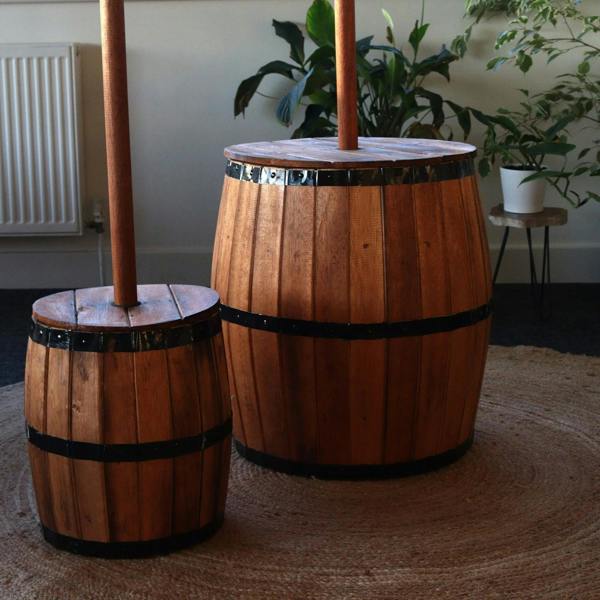 Natural wood barrel stool and parasol stand set with black metal bands