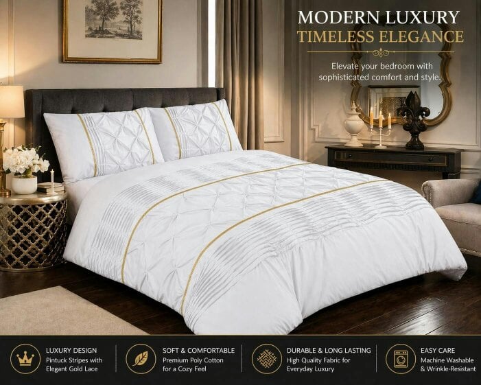 Night Zone Eleanor Pintuck Polycotton Duvet Cover Set – Hotel Style Textured Bedding - White