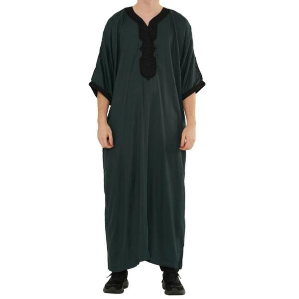 Men's Half Sleeve Embroidery Moroccan Thobe - Green - Thobez - 1