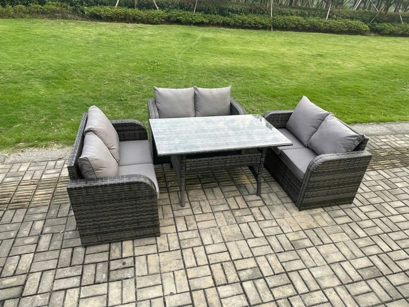 Fimous Wicker PE Rattan Sofa Outdoor Garden Furniture Set with Rectangular Dining Table Dark Grey Mixed