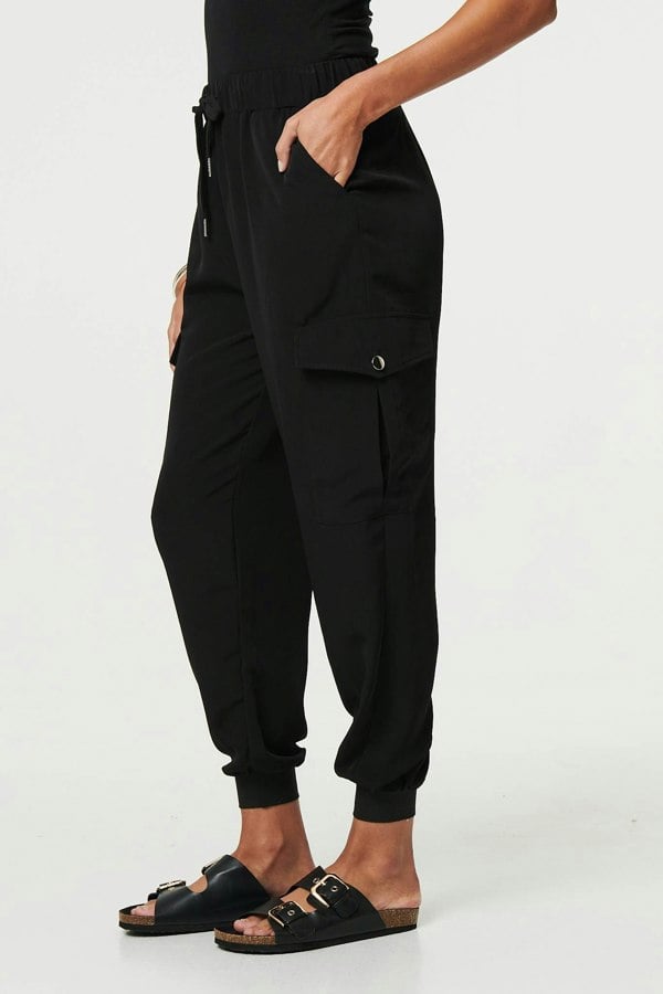 Black | Drawstring High Waist Cargo Trousers
