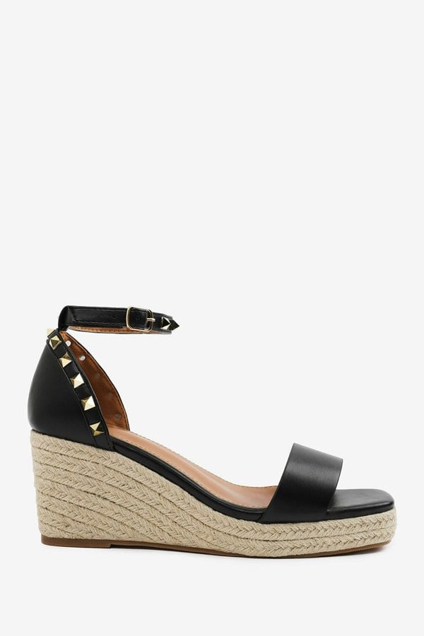 Where's That From Presley Wide Fit Wedge Sandals With Gladiator  Ankle Strap in Black Pu