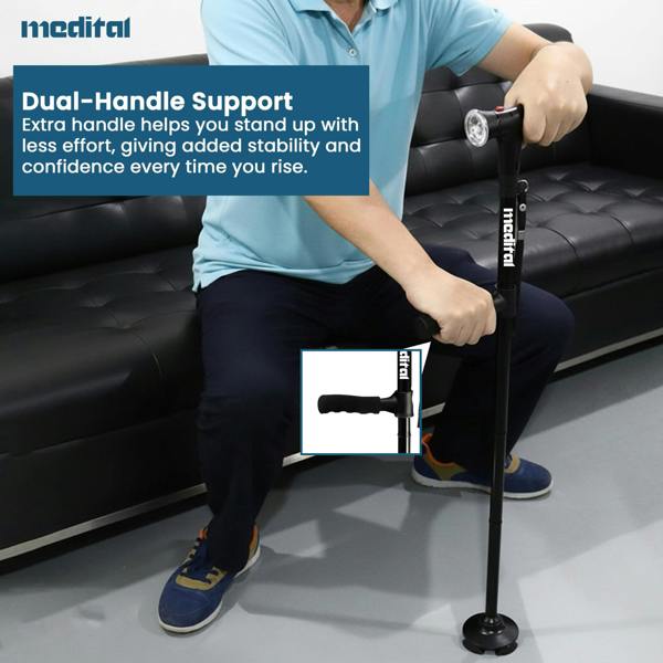 MEDITAL Folding Walking Stick with SOS Alarm & LED Light - 86-97cm Adjustable Aluminum Foldable Walking Stick for Men & Women