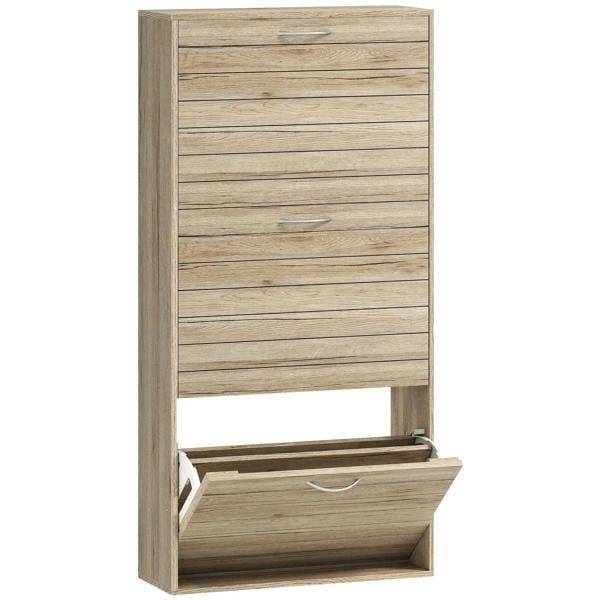 Wood-effect shoe storage cabinet with flip drawer, 12 pairs capacity, oak tone, silver pulls