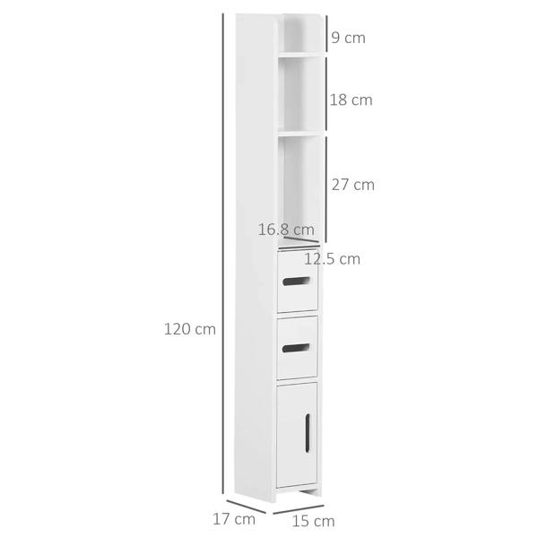 White tall storage cabinet, 120 cm high, with open shelves, two drawers, and a door