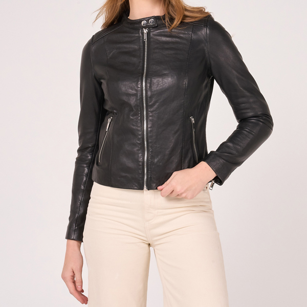 Barneys Originals Women's Tab Neck Leather Racer Jacket - Charlotte