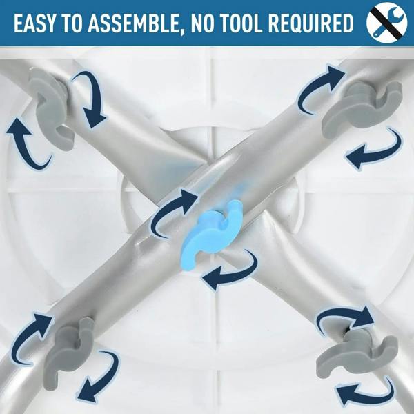 360° swivel shower stool with white base supports and light blue round seat.