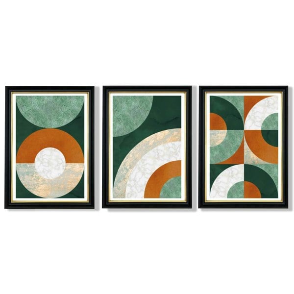Set of 3 Orange and Green Abstract Framed Art Prints with Vermeer Black and Gold Frames