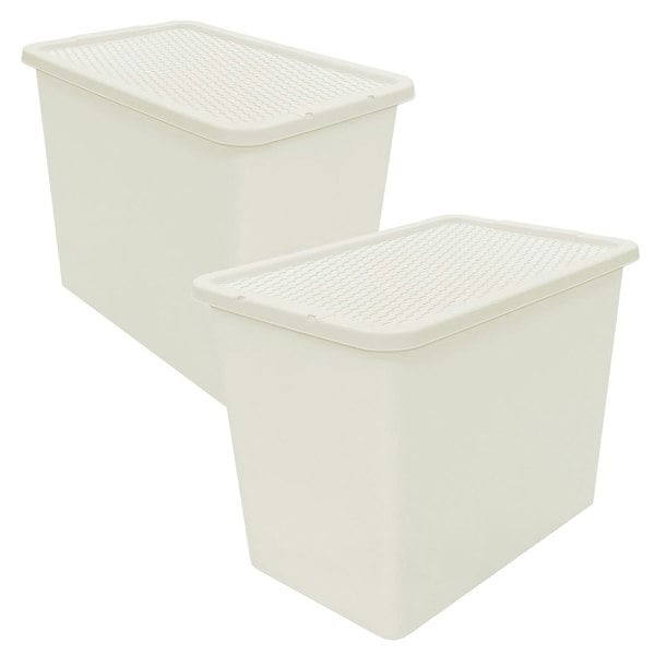1 x Cream 80L Rattan Effect Large Plastic Stackable Home Office Storage Container With Lid