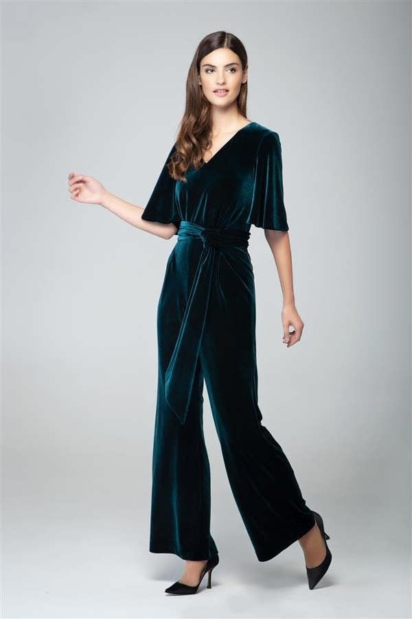 Rumour London Layla velvet jumpsuit with bell sleeves and sash in emerald green