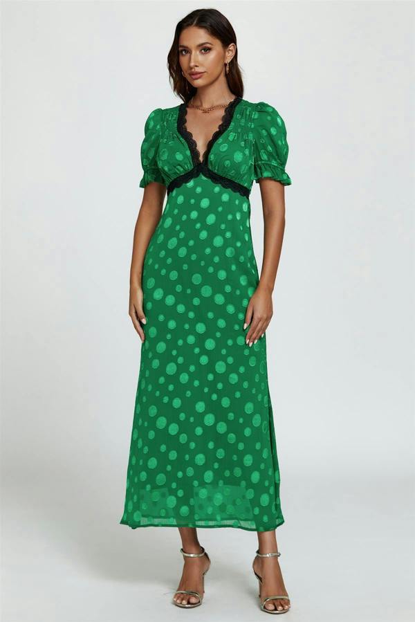 FS Collection Polka Dot Jacquard Lace Trim Midi Dress In Green