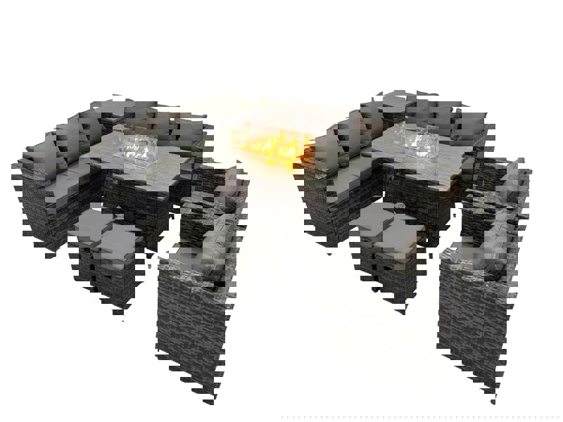 Fimous 10 Seater Rattan Outdoor Furniture Set with Corner Sofa, Gas Fire Pit Dining Table, Side Table, 2 Small Stools - Dark Grey