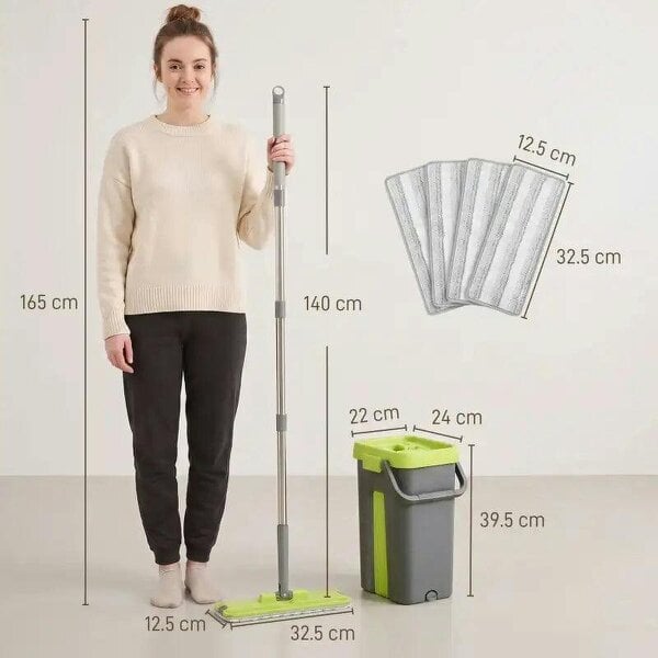 Bobobiy Mop and Bucket with Wringer Set, Flat Mop and Bucket with 2 Chambers, Rotating Head, Wet and Dry Use, Dark Grey
