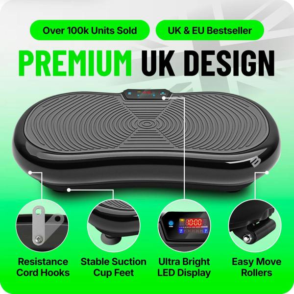 Vibration plate with textured surface, LED display, resistance cord hooks, and suction cup feet