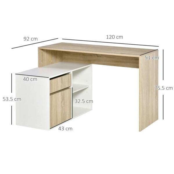 L-shaped corner desk with oak top and white drawer cabinet with open compartments