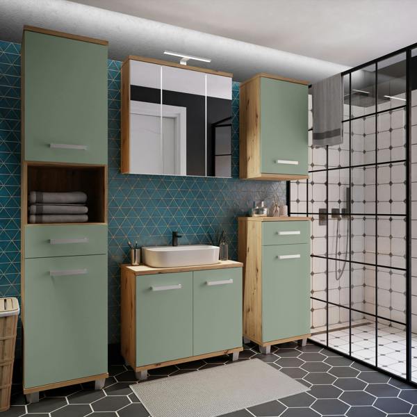 Furniture To Go Veris Bathroom Cupboard with 1 Door & 1 Drawer in Artisan Oak and Sage Green