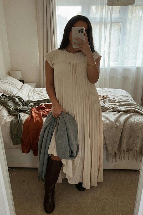 Sarina Pleated Cap Sleeve Maxi Dress - Beige