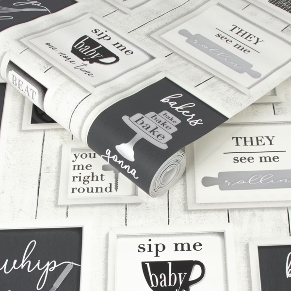 Contour Framed Quotes Wallpaper - Black & White Washable - 10m