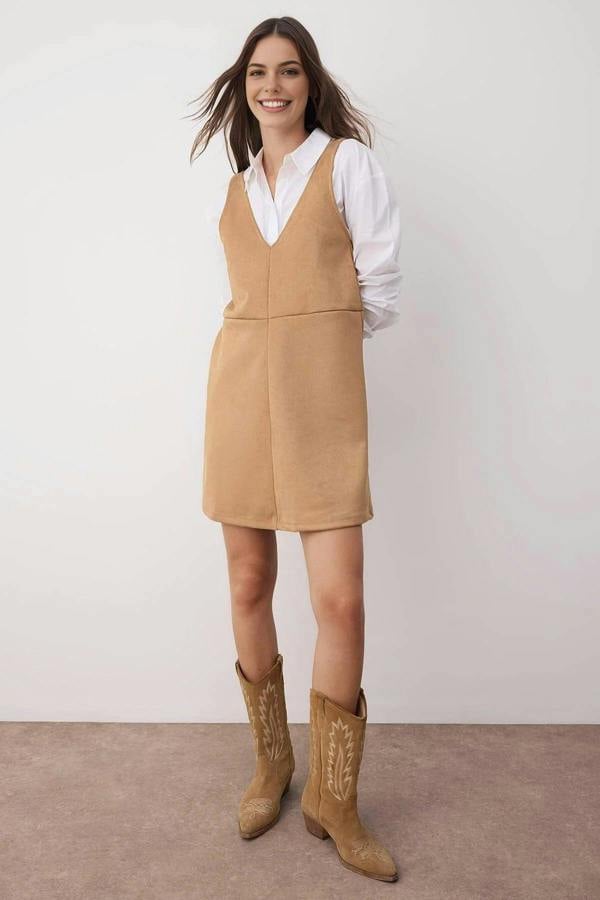 WOVCOR V-Neck Vest Suede Mini Knit Dress