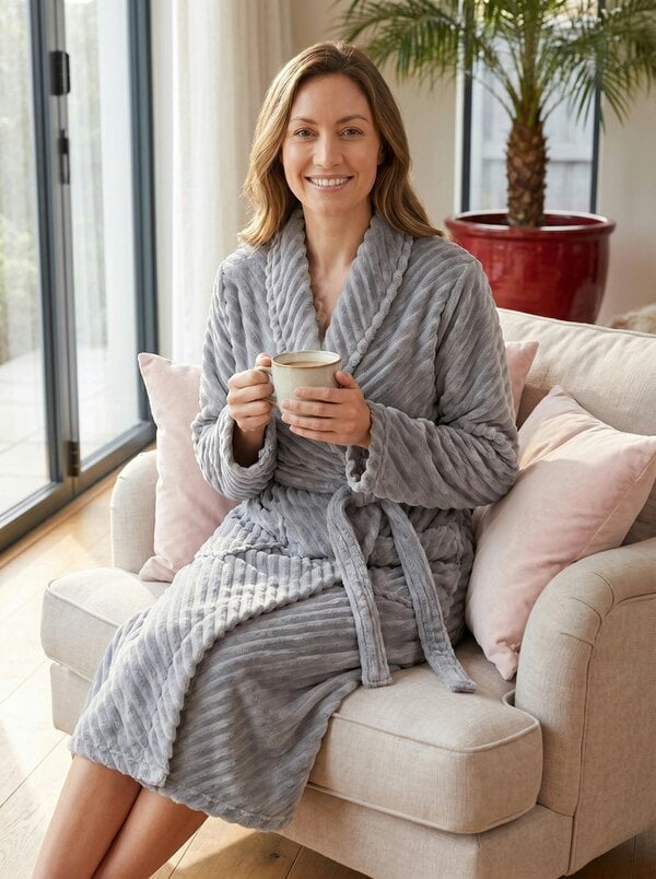 Camille Womens Supersoft Fleece Long Sleeved Ribbed Dressing Gown