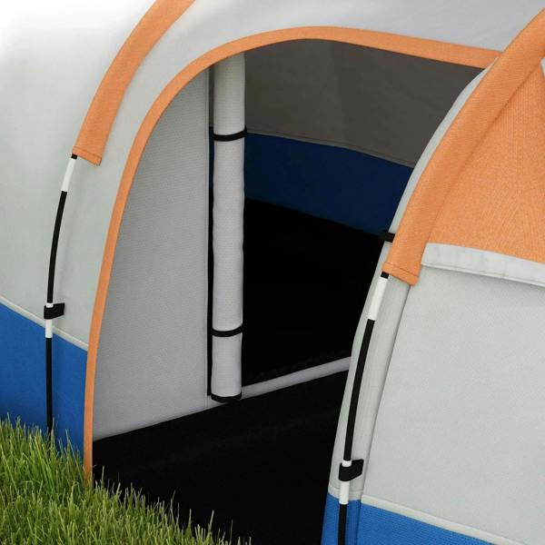 Close-up of orange and blue tunnel tent doorway with gray door and black floor