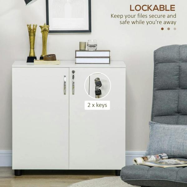 White locking cabinet with two keys and front door lock on the lower cabinet