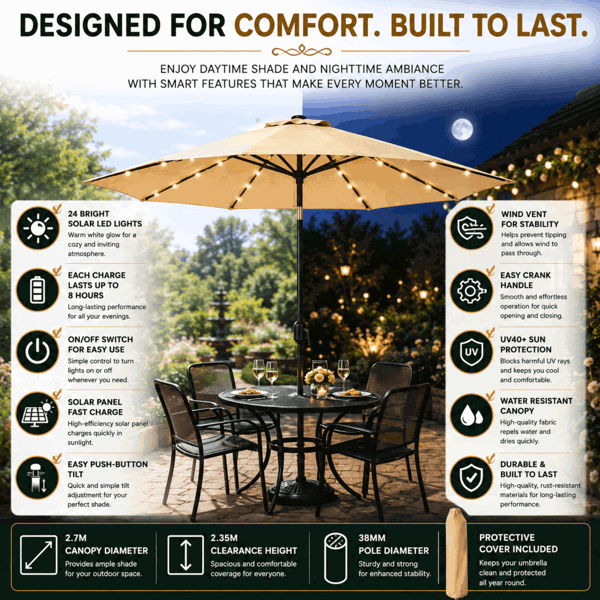 GlamHaus Garden Parasol Solar LED 2.7M ,Tilting Table Umbrella with Crank Handle, Protection UV40, Includes Parasol Cover- Sand