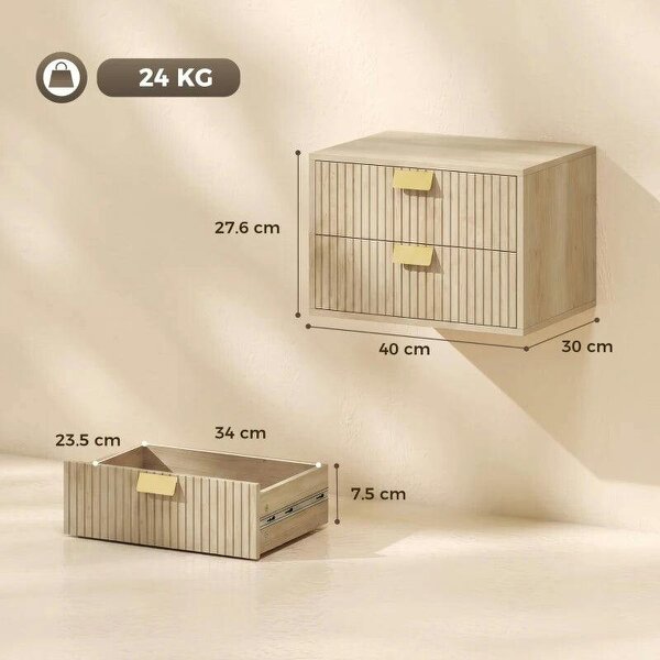 Modern Floating Nightstands Set of 2, Wall Mounted Bedside Tables with 2 Drawers, Oak