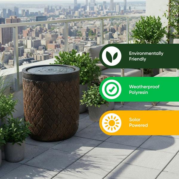 Gardenwize Solar Water Feature – Diamond Weave Barrel Fountain with LED Lights & Battery Backup