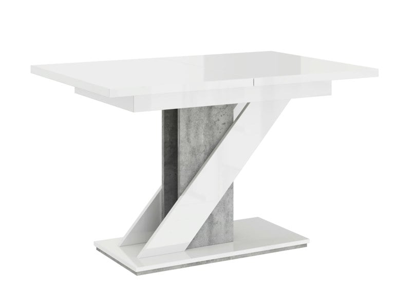 Extendable MAVEA dining table 120–160 cm in white gloss and concrete effect.