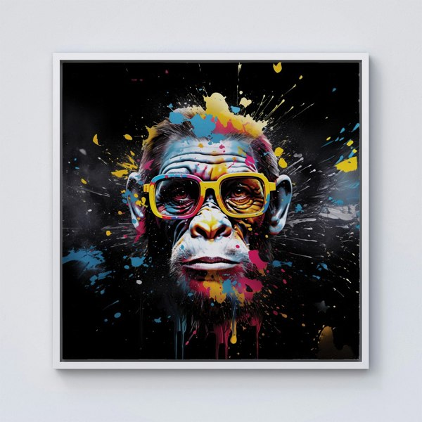 Warren Reed Coloured Splash Art Monkey Face Framed Canvas