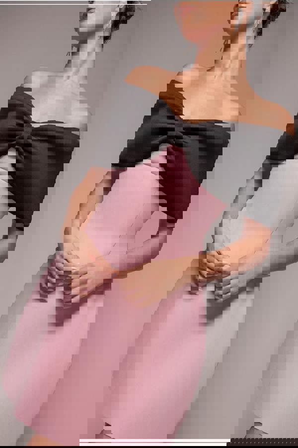 Front Bow Off The Shoulder Mini Dress - Blush Black DR4613CONTRAST