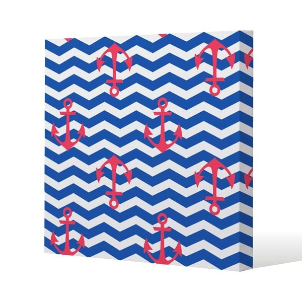 Benjamin Tate Design Anchors on Zig Zag Stripes Slim Style Canvas Print  50x50cm , 15mm Slim Real wood.