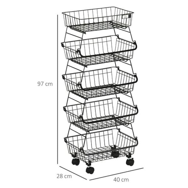 Bobobiy 5 Tier Storage Trolley, Stackable Fruit Vegetable Cart for Kitchen, Living Room, 40 x 2 x 97 cm, Black