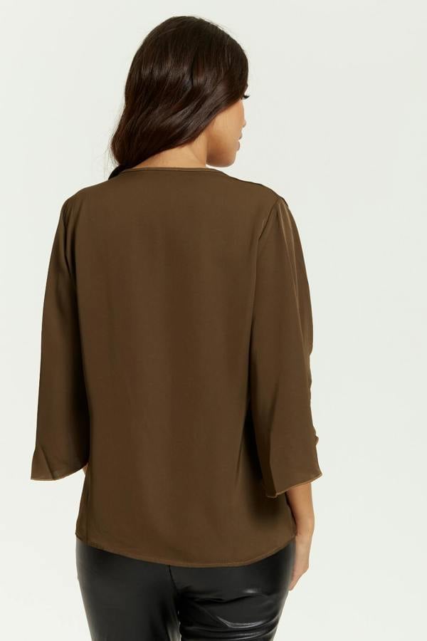 Hoxton Gal Oversized V Neck Top with Split Sleeves in Khaki