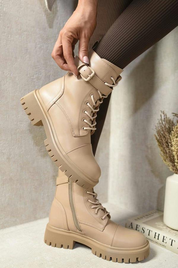 Ariella Lace Up Buckle Chunky Combat Boots - Nude