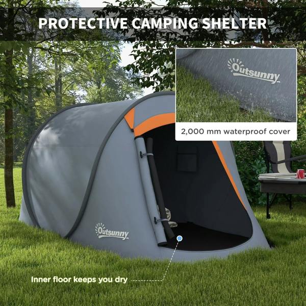 Grey dome tent with orange trim and waterproof cover panel detail over the entrance