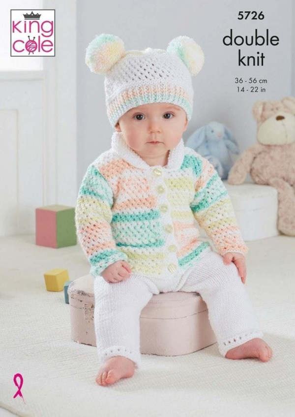 King Cole Cherish DK & Cherished DK Knitting Pattern 5726, Cardigans, Onesies, Trousers, Headwear, Blankets for Baby, 14 - 22 Inches